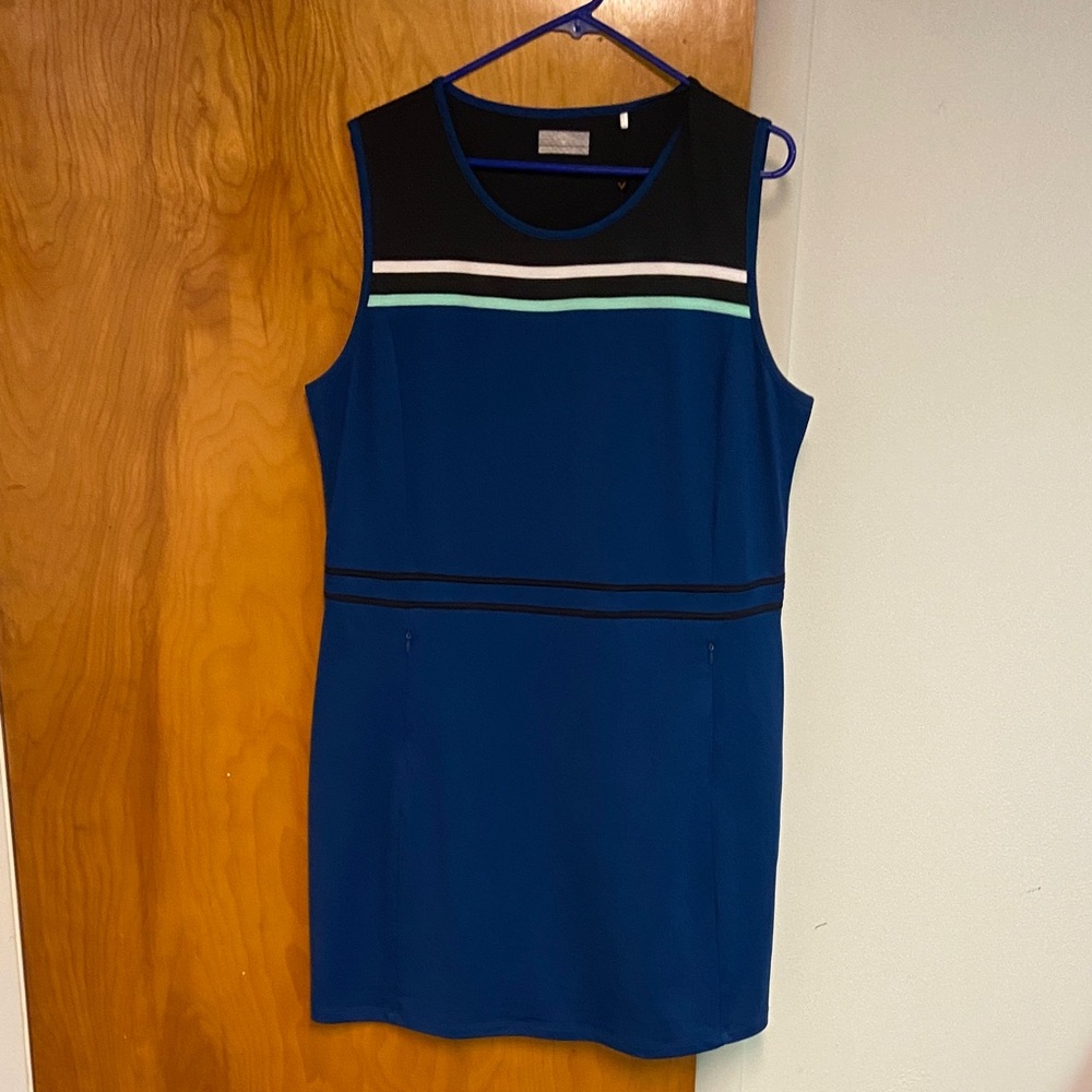 Callaway Blue Sleeveless Golf Dress with Black and White Stripe Detail